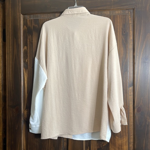Anna-Kaci Button Down Long Sleeve Beige & White Color Block Top Size L - Picture 2 of 3